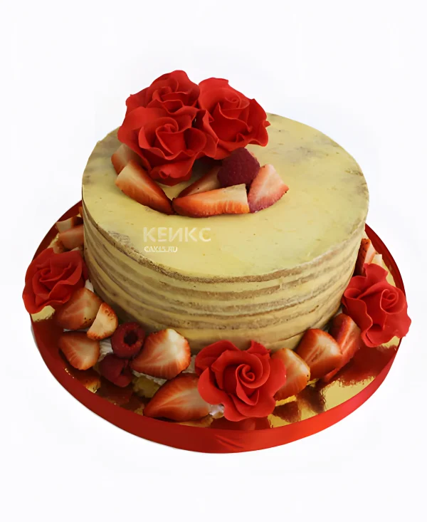 Торт с красными ягодами и красными цветами Фото