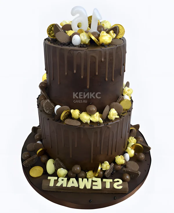 Торт шоколадный двухъярусный с золотыми конфетами Фото