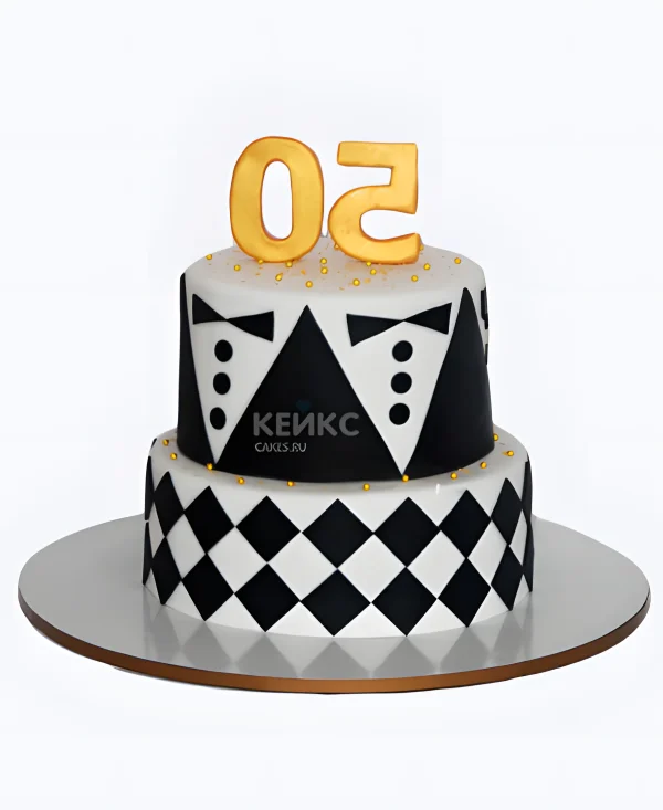 Стильный торт черно-белый с золотыми цифрами Фото