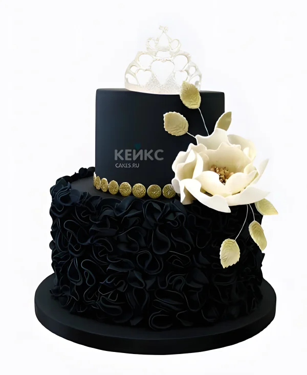 Торт с черной мастикой и большим белым цветком с золотыми бусами Фото