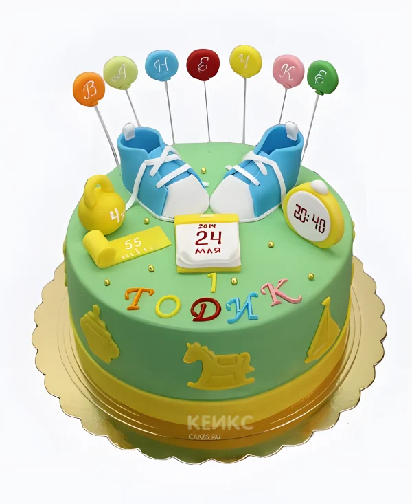 Ярко-зеленый торт с голубыми кедами Фото