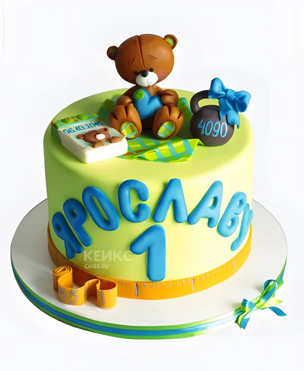 Торт с медведем и гирей на 1 месяц Фото