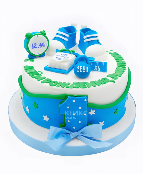 Голубой торт с метрикой для мальчика Фото