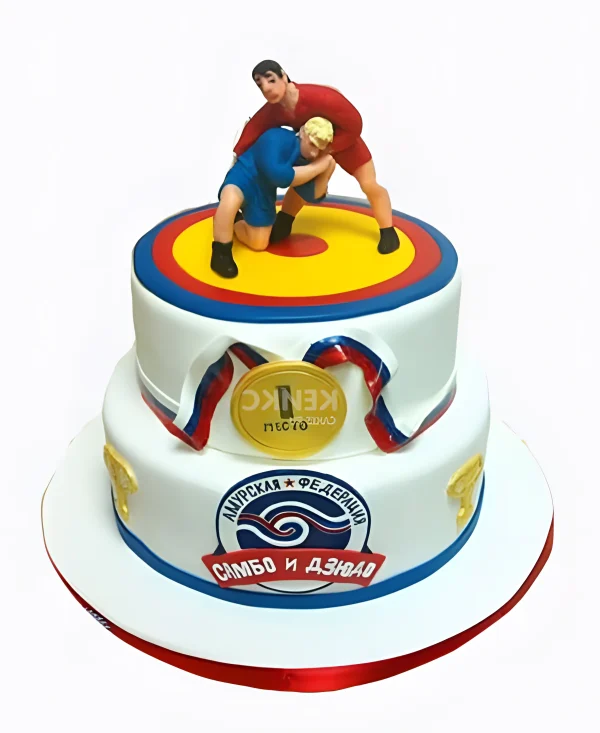 Белый торт самбо с фотопечатью и фигурками Фото