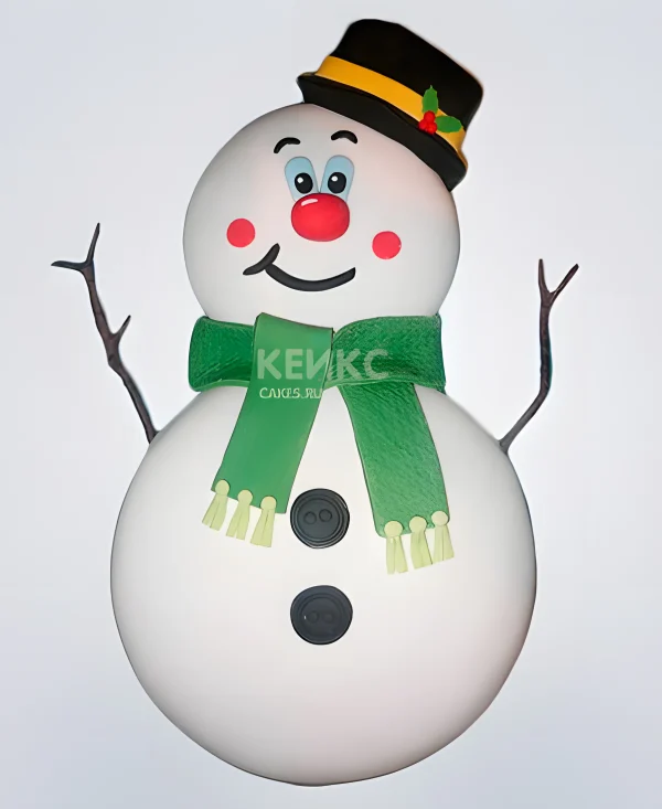 Торт снеговик в зеленом шарфе на новый год Фото