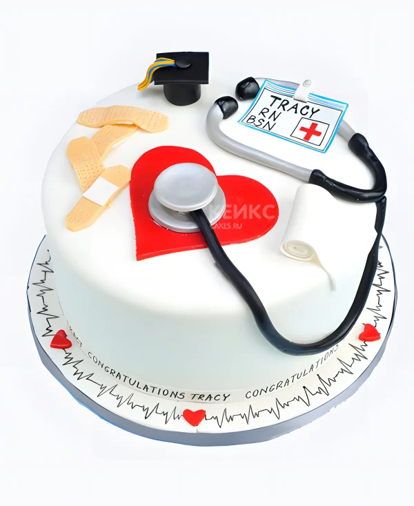 Торт спасибо врачу с кардиограммой и фигурками Фото