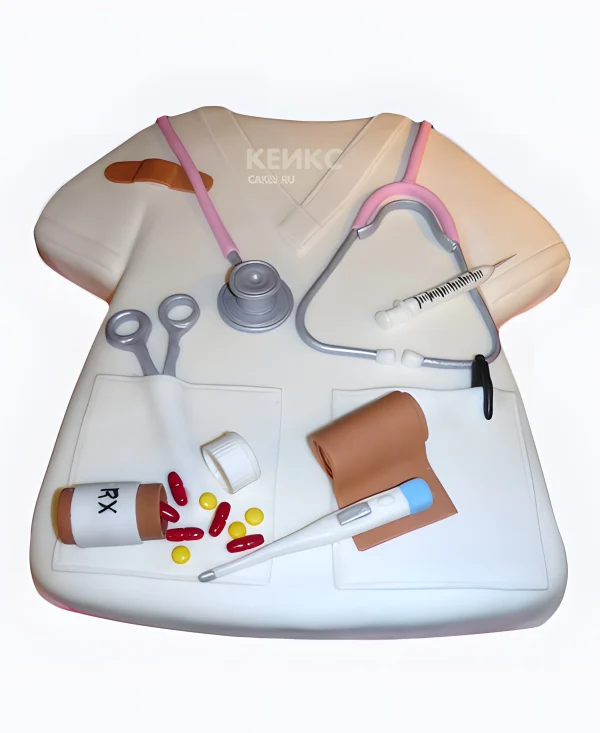 Торт спасибо врачу в виде халата с фигурками Фото