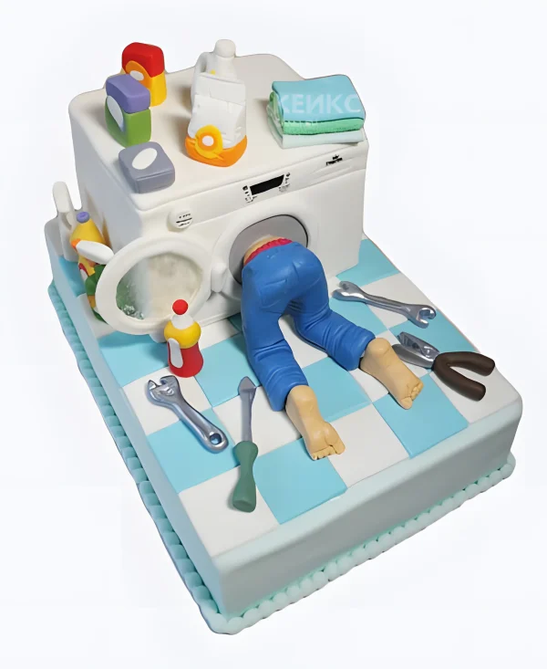 Торт со стиральной машиной и инструментами для парня Фото