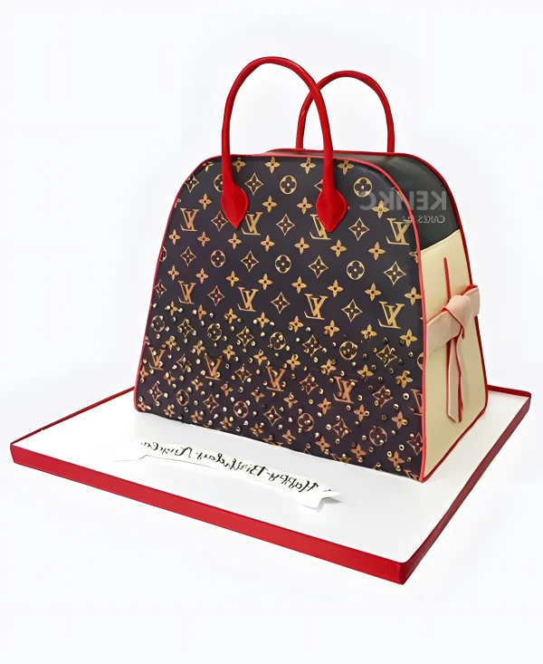 Торт в виде сумочки Луи Виттон с красными ручками Фото