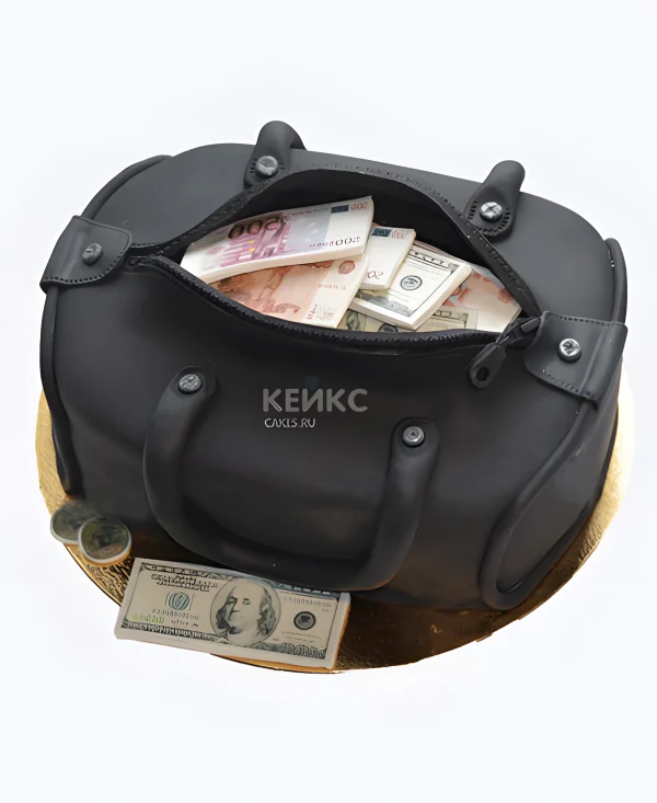 Торт в виде черной сумка с деньгами Фото