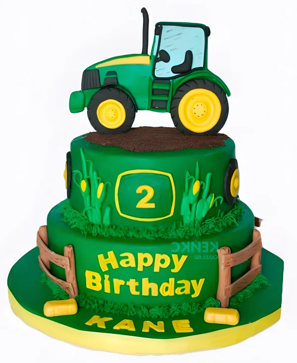 Двухъярусный торт с фигуркой трактора и надписью Фото