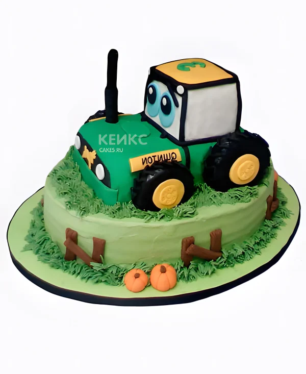 Зеленый торт с фигуркой трактора с глазами Фото