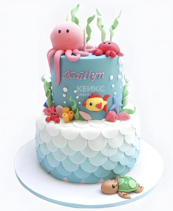 Оригинальный торт двухэтажный с фигурками морских обитателей Фото