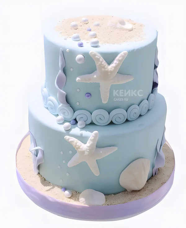 Голубой торт с морскими звездами и жемчужинами Фото