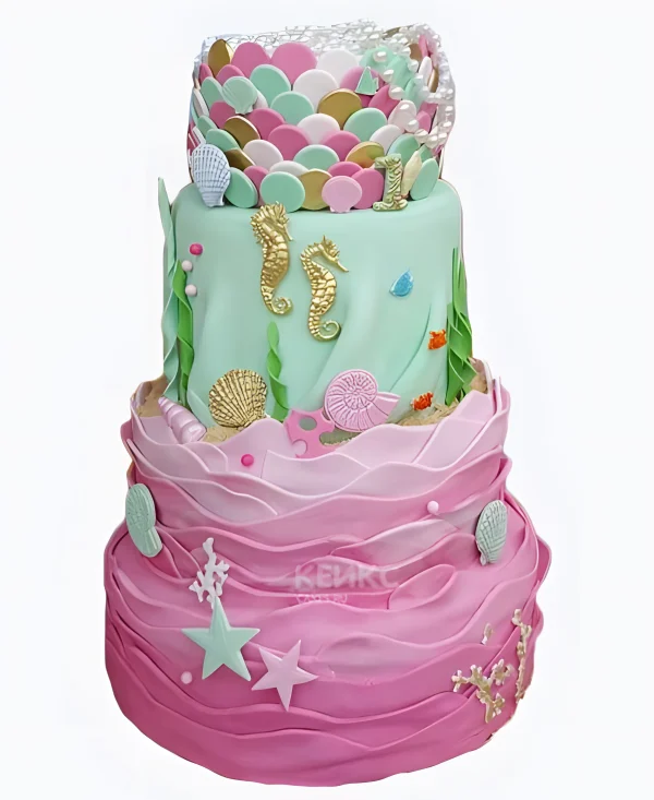 Красивый торт с морским коньком и звездами Фото