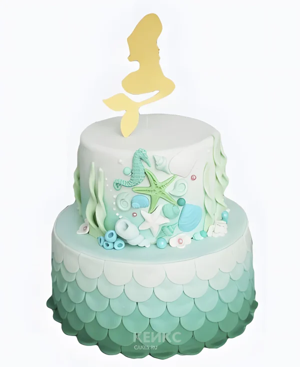 Торт омбре с силуэтом русалки и морскими жителями Фото