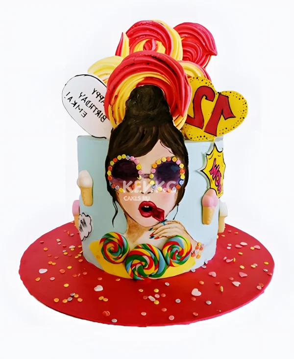 Яркий торт с леденцами и девушкой в очках Фото
