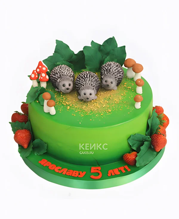 Зеленый торт с ежиками в лесу с грибами Фото