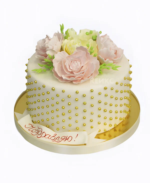 Нежно-белый торт с золотыми бусинками Фото