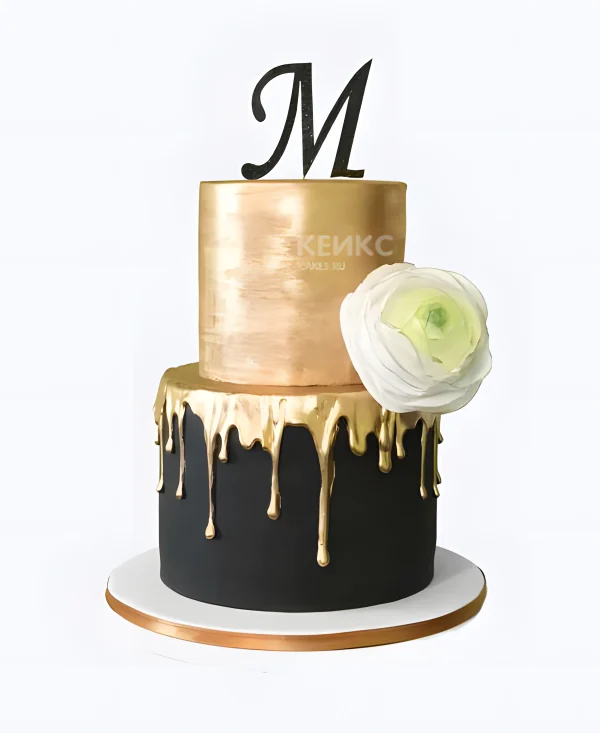 Черно-золотой торт с белым цветком Фото