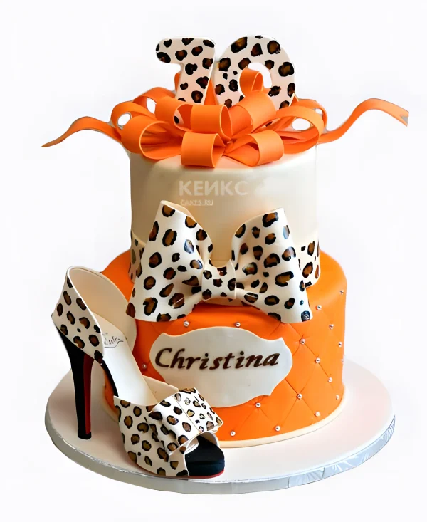 Яркий торт двухъярусный с оранжевым бантом Фото