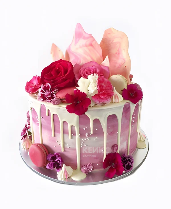 Торт с крупными цветами в розовых тонах Фото