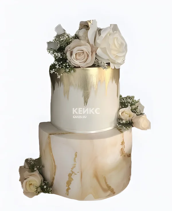 Торт с золотым переливом и розами Фото
