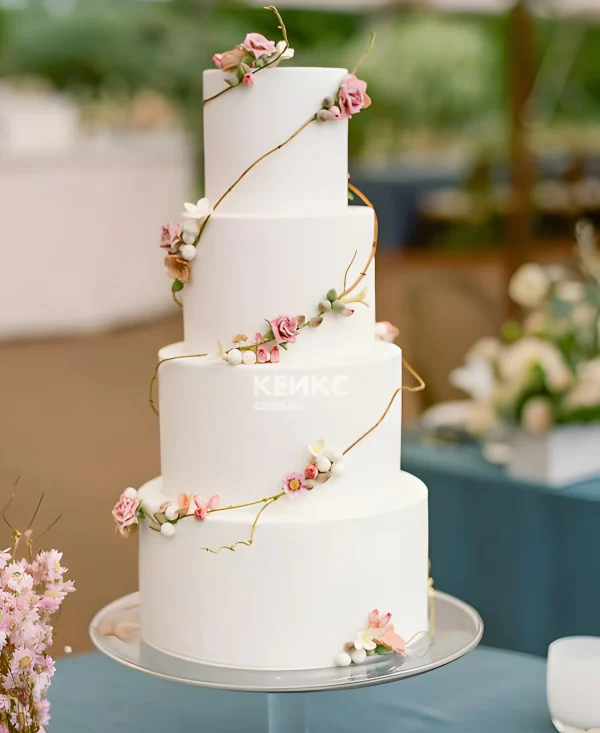 Милый свадебный торт 4 яруса с мелкими цветочками Фото