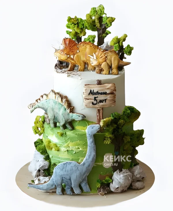 Двухъярусный торт мальчику на 5 лет с динозаврами Фото
