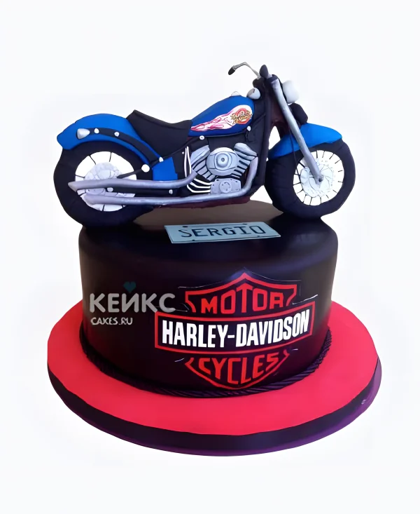 Эффектный торт мужчине на день рождения с фигуркой мотоцикла Фото