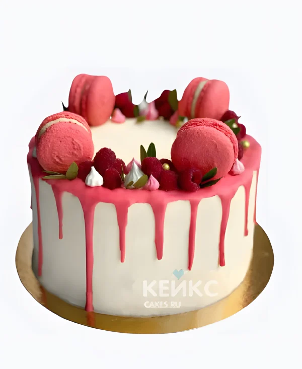 Красивый торт с малиной и розовыми макарон Фото