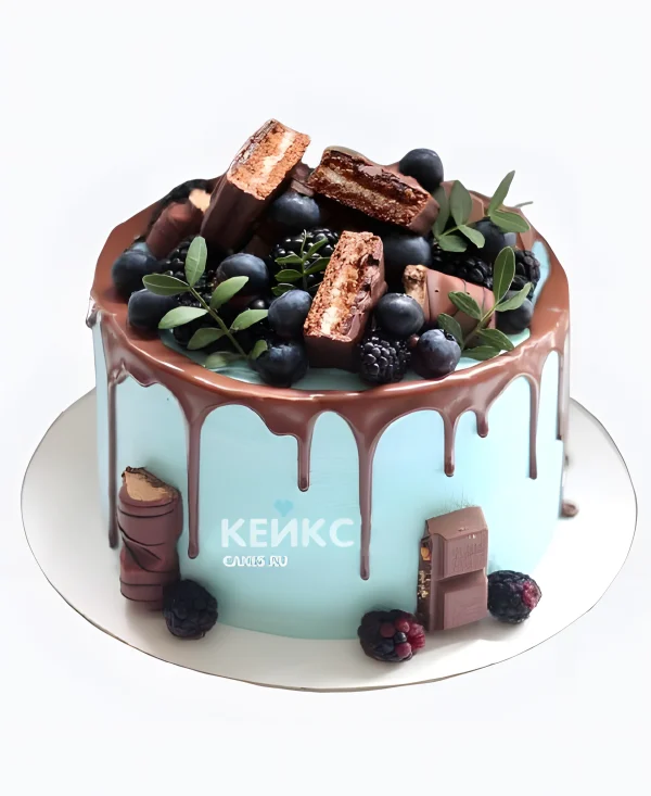 Небесно-голубой торт мужчине с фруктами и шоколадом Фото