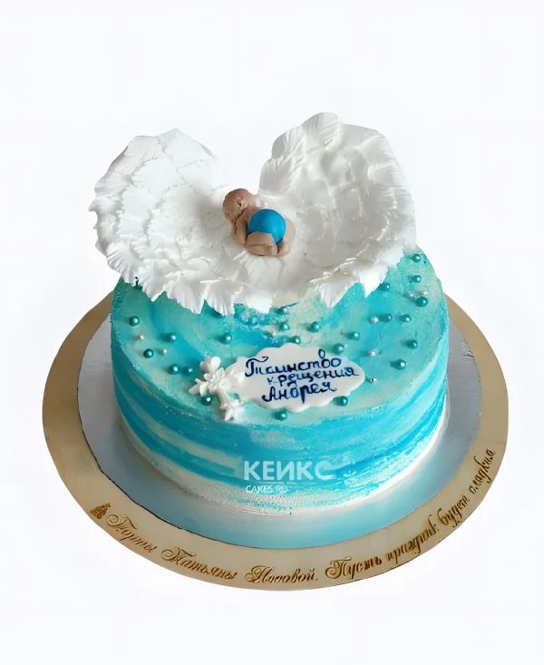 Небесно-голубой торт мальчику на крестины из крема Фото
