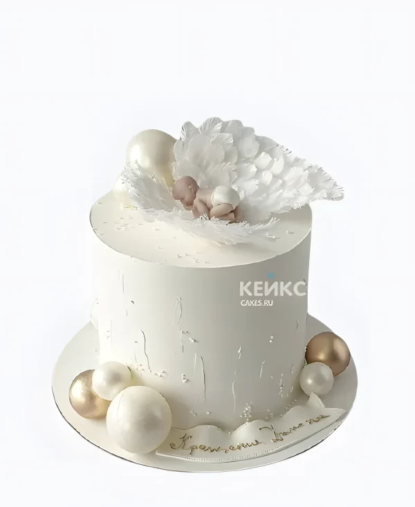 Нежно-белый торт девочке на крестины с фигуркой младенца Фото