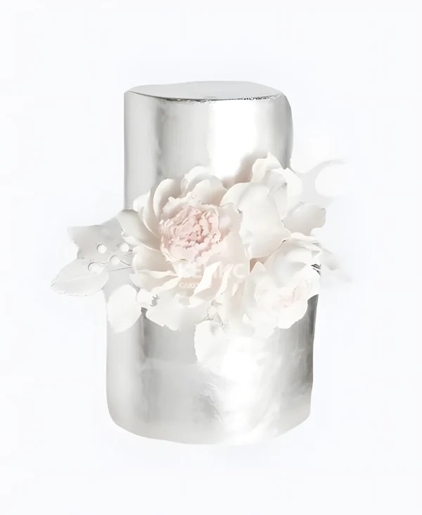 Двухъярусный свадебный торт серебро с белым цветком Фото