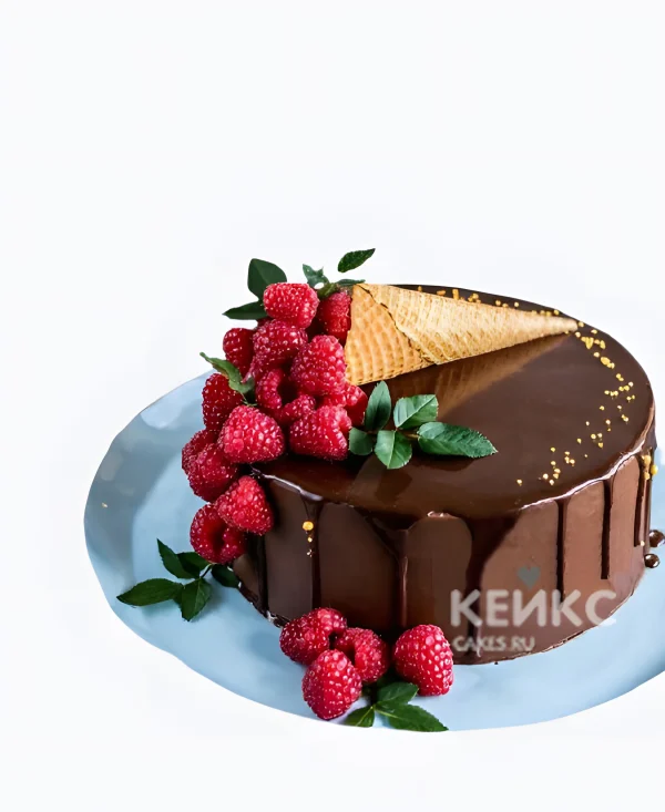 Шоколадный торт с малиной и глазурью Фото