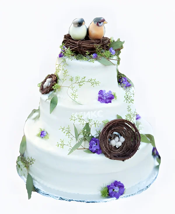 Красивый торт с гнездом на зеленой поляне Фото