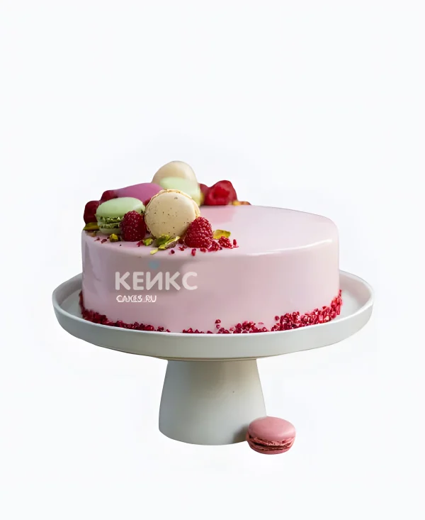 Торт из глазури с малиной и макарон Фото