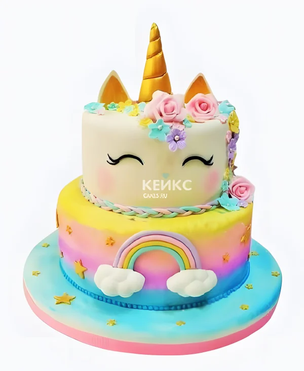 Торт на 12 лет девочке с единорогом и радугой Фото