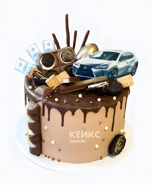Торт на день рождения мужчине с шоколадным печеньем и машиной Фото