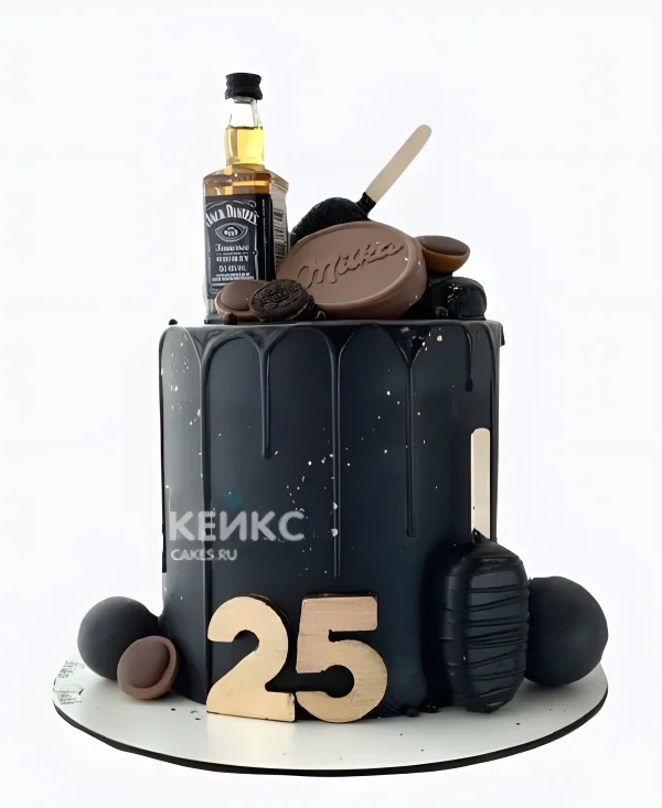 Черный торт на день рождения мужчине с шоколадом и бутылочкой Фото