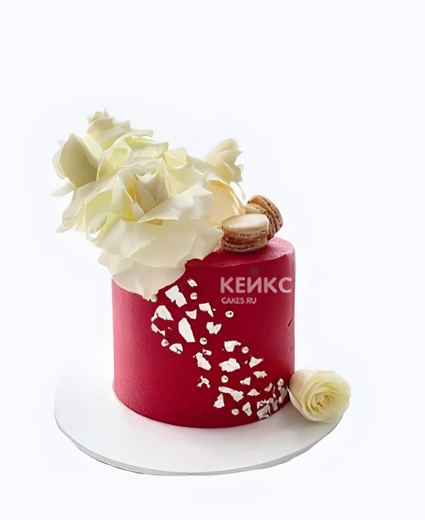 Аккуратный красный торт с белыми цветами и макаронс Фото