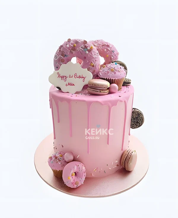 Аппетитный торт девушке на 20 лет с пончиками и макарунс Фото