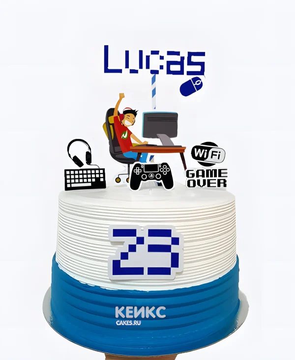 Бело синий торт программисту с цифрой Фото