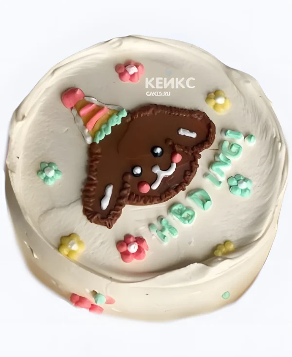 Белый бенто-торт на рождение с мордочкой собаки и цветочками Фото