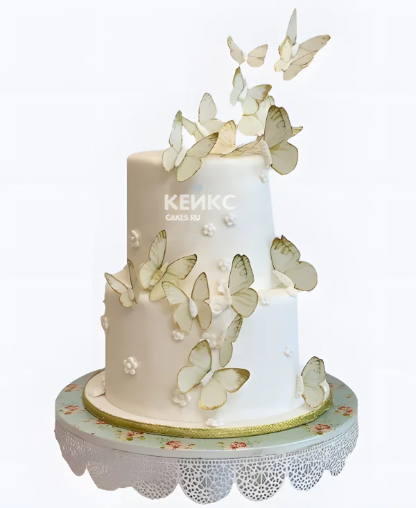 Белый торт на 20 лет с бабочками Фото