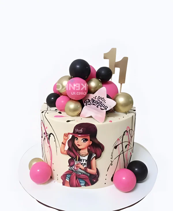 Бежевый торт девочке на 11 лет с шариками и фотопечатью Фото