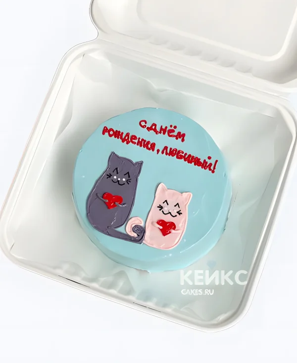 Бирюзовый бенто торт с котиками и надписью Фото