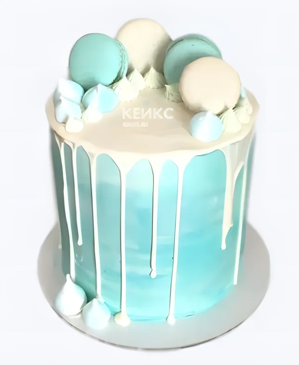 Бирюзовый торт для мальчика без мастики с макарунс и безе Фото