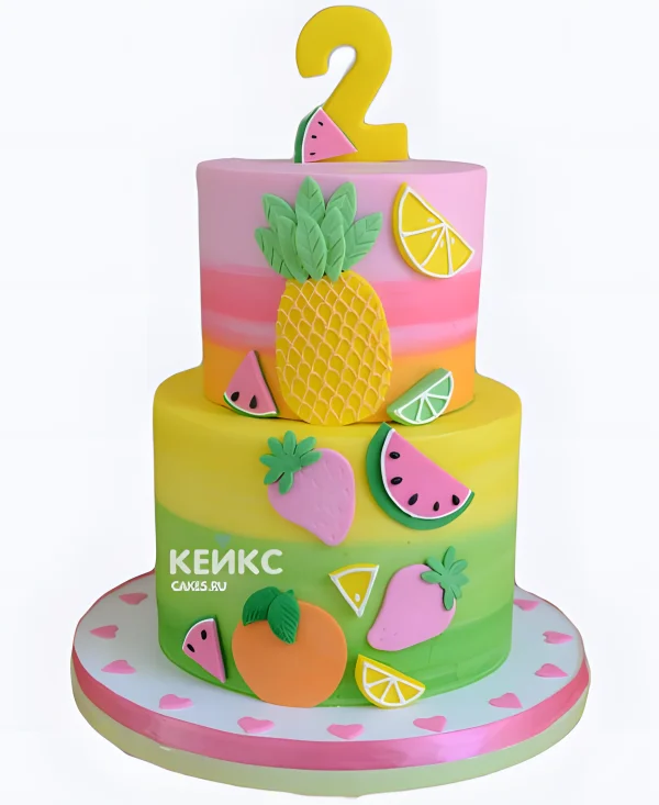 Большой яркий торт с ананасом и дольками арбуза Фото